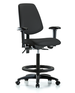 Blue Ridge Ergonomics VHBCH-MB-RG-T0-A1-BF-RC-8540 Rutledge Vinyl Chair - High Bench Height with Medium Back, Adjustable Arms, Black Foot Ring, & Casters in Black Trailblazer™ Vinyl