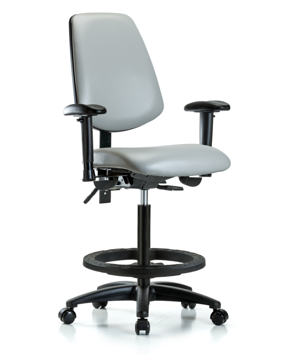 Blue Ridge Ergonomics VHBCH-MB-RG-T0-A1-BF-RC-8567 Rutledge Vinyl Chair - High Bench Height with Medium Back, Adjustable Arms, Black Foot Ring, & Casters in Dove Trailblazer™ Vinyl