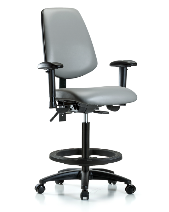 Blue Ridge Ergonomics VHBCH-MB-RG-T0-A1-BF-RC-8840 Rutledge Vinyl Chair - High Bench Height with Medium Back, Adjustable Arms, Black Foot Ring, & Casters in Sterling Supernova™ Vinyl