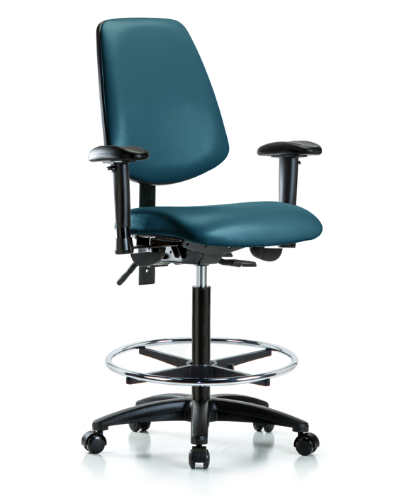 Blue Ridge Ergonomics VHBCH-MB-RG-T0-A1-CF-RC-8801 Rutledge Vinyl Chair - High Bench Height with Medium Back, Adjustable Arms, Chrome Foot Ring, & Casters in Marine Blue Supernova™ Vinyl