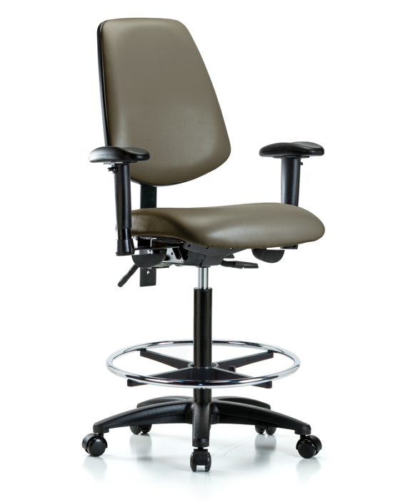 Blue Ridge Ergonomics VHBCH-MB-RG-T0-A1-CF-RC-8809 Rutledge Vinyl Chair - High Bench Height with Medium Back, Adjustable Arms, Chrome Foot Ring, & Casters in Taupe Supernova™ Vinyl