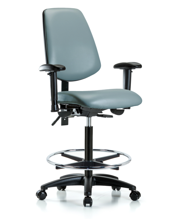 Blue Ridge Ergonomics VHBCH-MB-RG-T0-A1-CF-RC-8822 Rutledge Vinyl Chair - High Bench Height with Medium Back, Adjustable Arms, Chrome Foot Ring, & Casters in Storm Supernova™ Vinyl