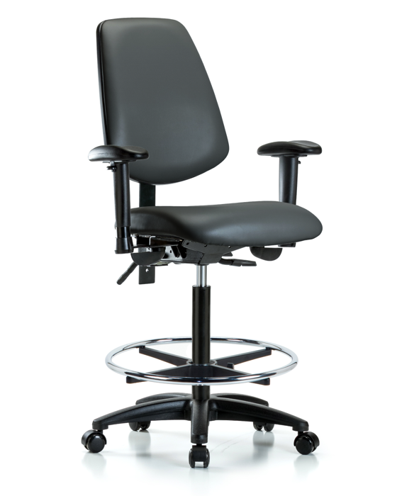 Blue Ridge Ergonomics VHBCH-MB-RG-T0-A1-CF-RC-8823 Rutledge Vinyl Chair - High Bench Height with Medium Back, Adjustable Arms, Chrome Foot Ring, & Casters in Carbon Supernova™ Vinyl