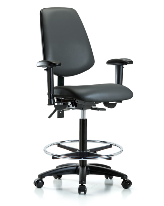Blue Ridge Ergonomics VHBCH-MB-RG-T0-A1-CF-RC-8823 Rutledge Vinyl Chair - High Bench Height with Medium Back, Adjustable Arms, Chrome Foot Ring, & Casters in Carbon Supernova™ Vinyl