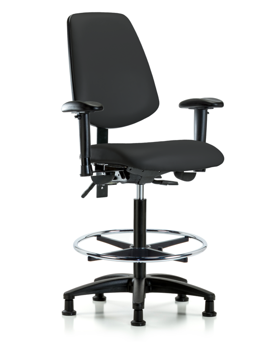 Blue Ridge Ergonomics VHBCH-MB-RG-T0-A1-CF-RG-8540 Rutledge Vinyl Chair - High Bench Height with Medium Back, Adjustable Arms, Chrome Foot Ring, & Stationary Glides in Black Trailblazer™ Vinyl