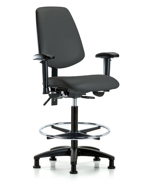 Blue Ridge Ergonomics VHBCH-MB-RG-T0-A1-CF-RG-8605 Rutledge Vinyl Chair - High Bench Height with Medium Back, Adjustable Arms, Chrome Foot Ring, & Stationary Glides in Charcoal Trailblazer™ Vinyl