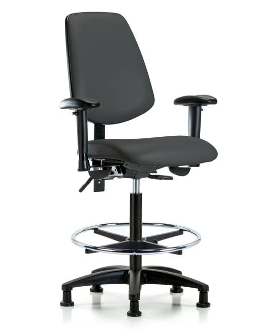 Blue Ridge Ergonomics VHBCH-MB-RG-T0-A1-CF-RG-8605 Rutledge Vinyl Chair - High Bench Height with Medium Back, Adjustable Arms, Chrome Foot Ring, & Stationary Glides in Charcoal Trailblazer™ Vinyl