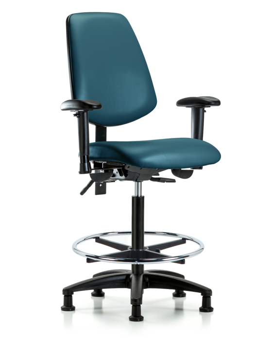Blue Ridge Ergonomics VHBCH-MB-RG-T0-A1-CF-RG-8801 Rutledge Vinyl Chair - High Bench Height with Medium Back, Adjustable Arms, Chrome Foot Ring, & Stationary Glides in Marine Blue Supernova™ Vinyl