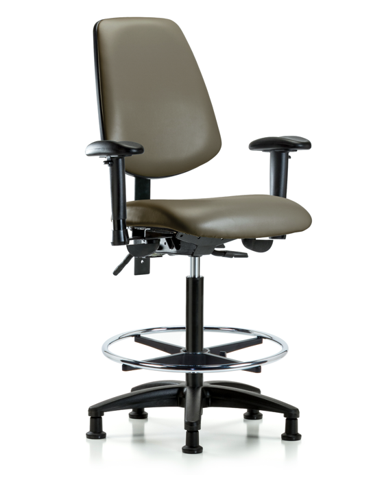 Blue Ridge Ergonomics VHBCH-MB-RG-T0-A1-CF-RG-8809 Rutledge Vinyl Chair - High Bench Height with Medium Back, Adjustable Arms, Chrome Foot Ring, & Stationary Glides in Taupe Supernova™ Vinyl