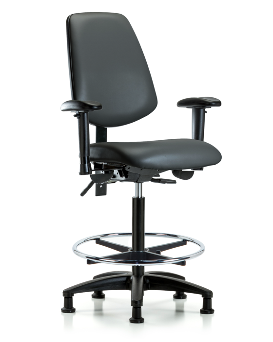 Blue Ridge Ergonomics VHBCH-MB-RG-T0-A1-CF-RG-8823 Rutledge Vinyl Chair - High Bench Height with Medium Back, Adjustable Arms, Chrome Foot Ring, & Stationary Glides in Carbon Supernova™ Vinyl
