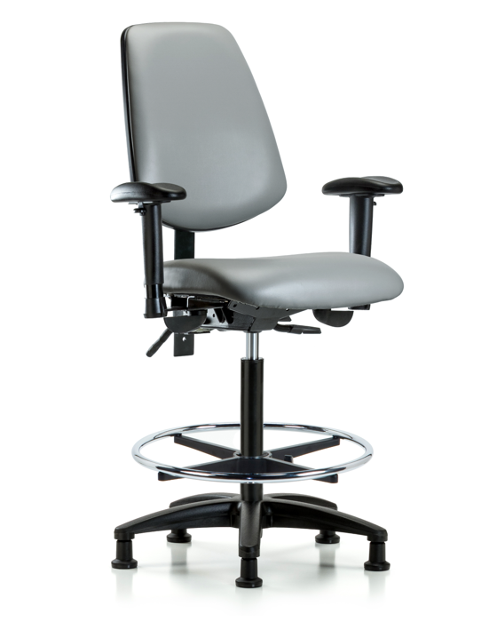 Blue Ridge Ergonomics VHBCH-MB-RG-T0-A1-CF-RG-8840 Rutledge Vinyl Chair - High Bench Height with Medium Back, Adjustable Arms, Chrome Foot Ring, & Stationary Glides in Sterling Supernova™ Vinyl