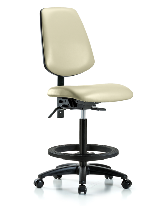Blue Ridge Ergonomics VHBCH-MB-RG-T1-A0-BF-RC-8501 Rutledge Vinyl Chair - High Bench Height with Medium Back, Seat Tilt, Black Foot Ring, & Casters in Adobe White Trailblazer™ Vinyl