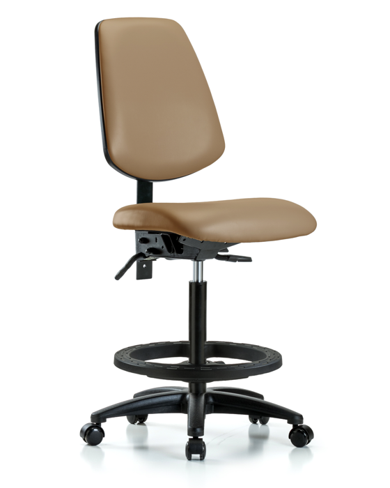 Blue Ridge Ergonomics VHBCH-MB-RG-T1-A0-BF-RC-8584 Rutledge Vinyl Chair - High Bench Height with Medium Back, Seat Tilt, Black Foot Ring, & Casters in Taupe Trailblazer™ Vinyl