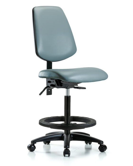 Blue Ridge Ergonomics VHBCH-MB-RG-T1-A0-BF-RC-8822 Rutledge Vinyl Chair - High Bench Height with Medium Back, Seat Tilt, Black Foot Ring, & Casters in Storm Supernova™ Vinyl