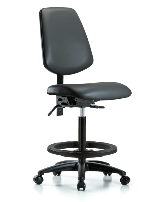 Blue Ridge Ergonomics VHBCH-MB-RG-T1-A0-BF-RC-8823 Rutledge Vinyl Chair - High Bench Height with Medium Back, Seat Tilt, Black Foot Ring, & Casters in Carbon Supernova™ Vinyl