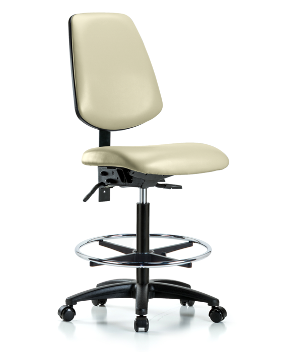Blue Ridge Ergonomics VHBCH-MB-RG-T1-A0-CF-RC-8501 Rutledge Vinyl Chair - High Bench Height with Medium Back, Seat Tilt, Chrome Foot Ring, & Casters in Adobe White Trailblazer™ Vinyl