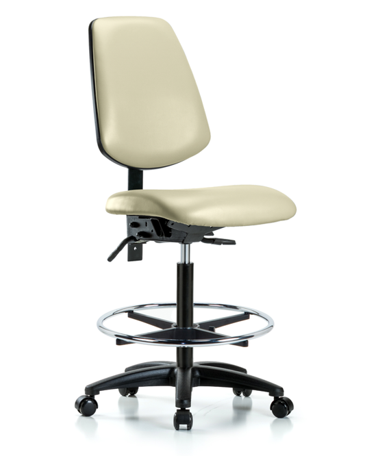 Blue Ridge Ergonomics VHBCH-MB-RG-T1-A0-CF-RC-8501 Rutledge Vinyl Chair - High Bench Height with Medium Back, Seat Tilt, Chrome Foot Ring, & Casters in Adobe White Trailblazer™ Vinyl