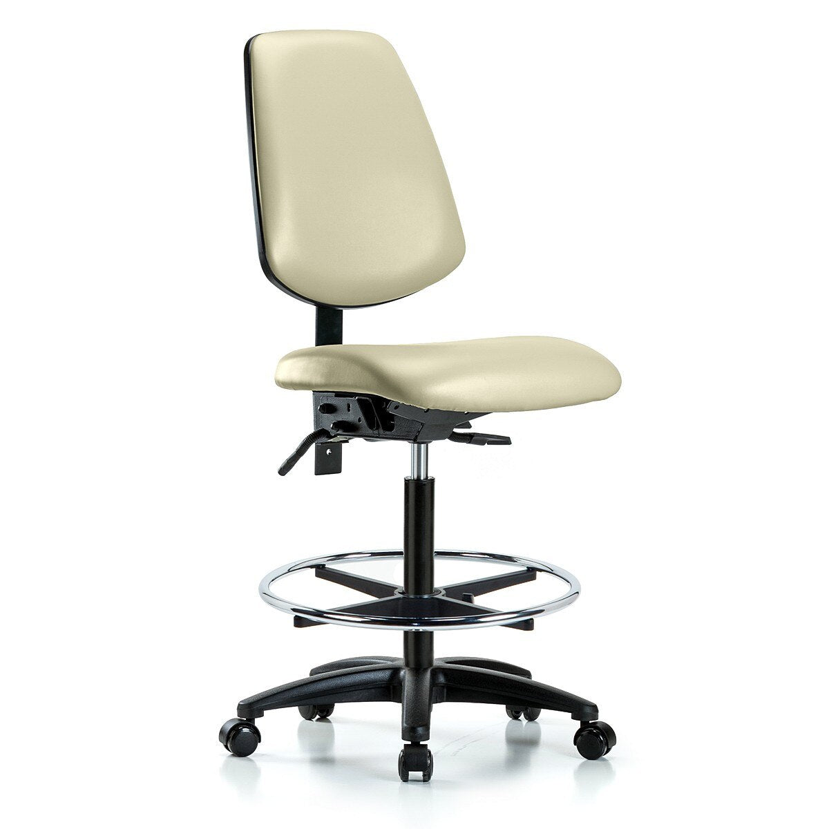 Blue Ridge Ergonomics VMBCH-RG-T1-A0-CF-RG-8501 Rutledge Vinyl Chair - Medium Bench Height with Seat Tilt, Chrome Foot Ring, & Stationary Glides in Adobe White Trailblazer™ Vinyl