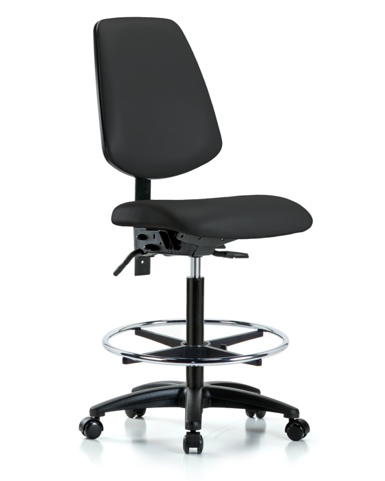 Blue Ridge Ergonomics VHBCH-MB-RG-T1-A0-CF-RC-8540 Rutledge Vinyl Chair - High Bench Height with Medium Back, Seat Tilt, Chrome Foot Ring, & Casters in Black Trailblazer™ Vinyl