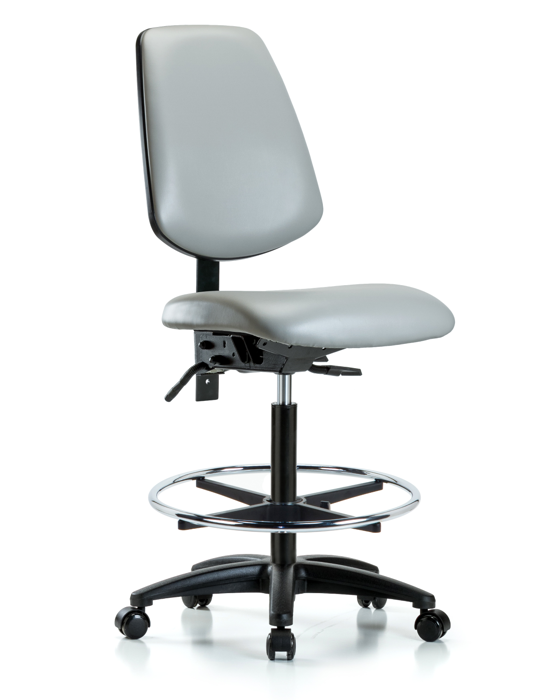 Blue Ridge Ergonomics VHBCH-MB-RG-T1-A0-CF-RC-8567 Rutledge Vinyl Chair - High Bench Height with Medium Back, Seat Tilt, Chrome Foot Ring, & Casters in Dove Trailblazer™ Vinyl