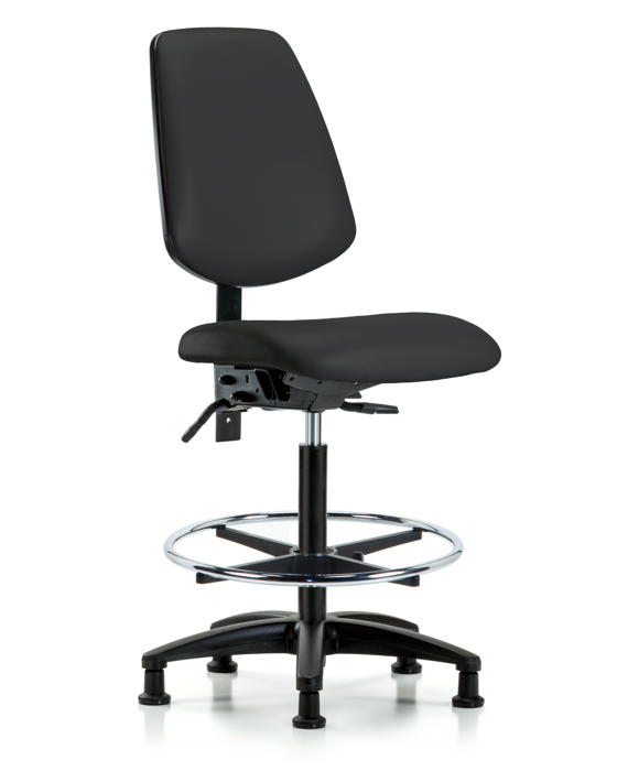 Blue Ridge Ergonomics VHBCH-MB-RG-T1-A0-CF-RG-8540 Rutledge Vinyl Chair - High Bench Height with Medium Back, Seat Tilt, Chrome Foot Ring, & Stationary Glides in Black Trailblazer™ Vinyl