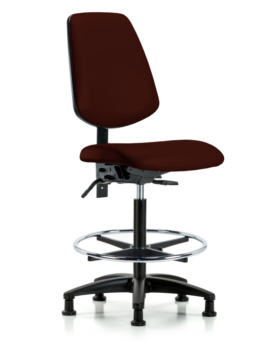 Blue Ridge Ergonomics VHBCH-MB-RG-T1-A0-CF-RG-8569 Rutledge Vinyl Chair - High Bench Height with Medium Back, Seat Tilt, Chrome Foot Ring, & Stationary Glides in Burgundy Trailblazer™ Vinyl