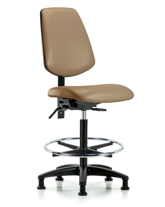 Blue Ridge Ergonomics VHBCH-MB-RG-T1-A0-CF-RG-8584 Rutledge Vinyl Chair - High Bench Height with Medium Back, Seat Tilt, Chrome Foot Ring, & Stationary Glides in Taupe Trailblazer™ Vinyl