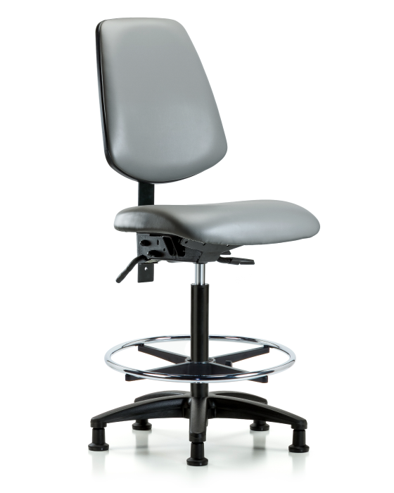 Blue Ridge Ergonomics VHBCH-MB-RG-T1-A0-CF-RG-8840 Rutledge Vinyl Chair - High Bench Height with Medium Back, Seat Tilt, Chrome Foot Ring, & Stationary Glides in Sterling Supernova™ Vinyl
