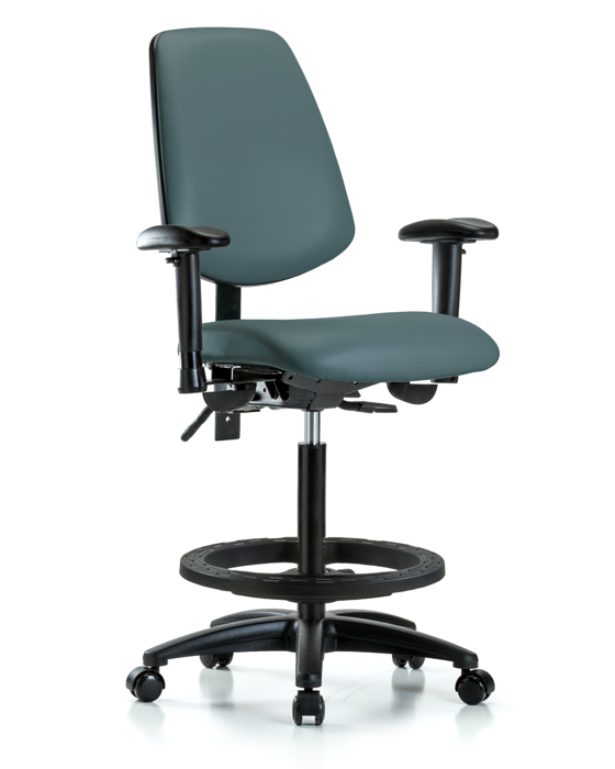Blue Ridge Ergonomics VHBCH-MB-RG-T1-A1-BF-RC-8546 Rutledge Vinyl Chair - High Bench Height with Medium Back, Seat Tilt, Adjustable Arms, Black Foot Ring, & Casters in Colonial Blue Trailblazer™ Vinyl