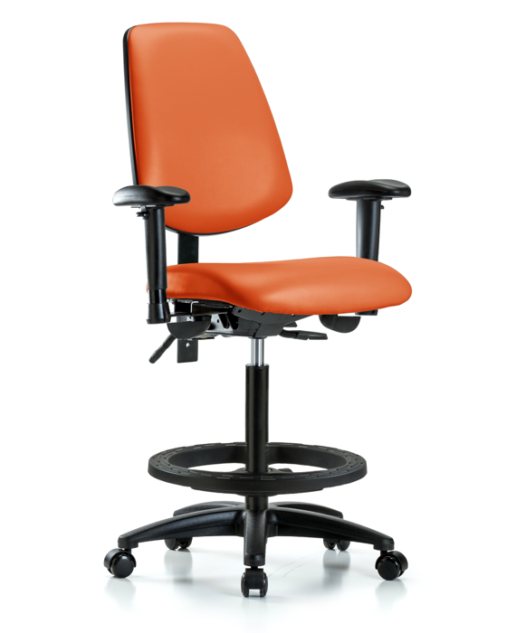 Blue Ridge Ergonomics VHBCH-MB-RG-T1-A1-BF-RC-8613 Rutledge Vinyl Chair - High Bench Height with Medium Back, Seat Tilt, Adjustable Arms, Black Foot Ring, & Casters in Orange Kist Trailblazer™ Vinyl