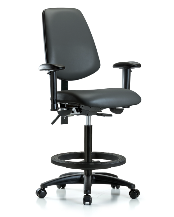 Blue Ridge Ergonomics VHBCH-MB-RG-T1-A1-BF-RC-8823 Rutledge Vinyl Chair - High Bench Height with Medium Back, Seat Tilt, Adjustable Arms, Black Foot Ring, & Casters in Carbon Supernova™ Vinyl
