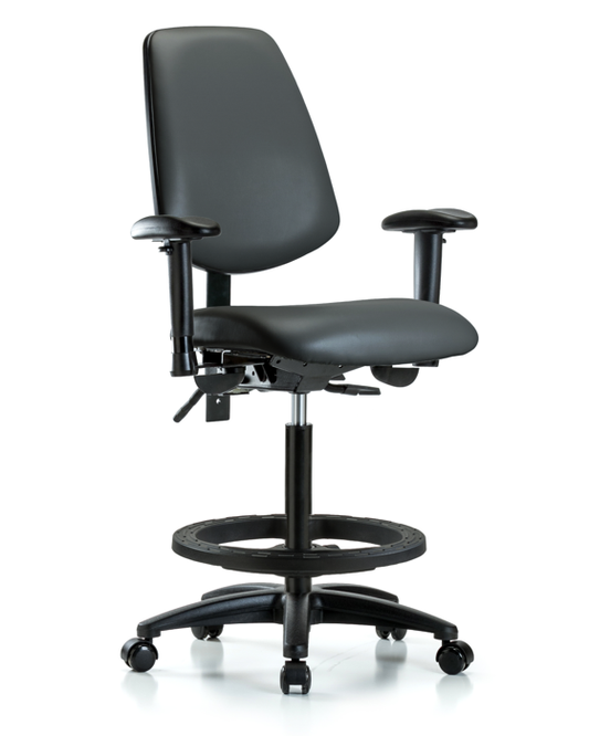 Blue Ridge Ergonomics VHBCH-MB-RG-T1-A1-BF-RC-8823 Rutledge Vinyl Chair - High Bench Height with Medium Back, Seat Tilt, Adjustable Arms, Black Foot Ring, & Casters in Carbon Supernova™ Vinyl