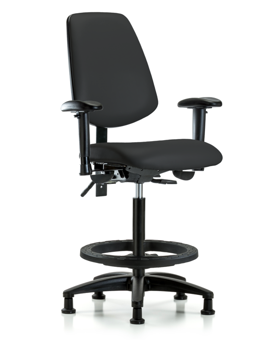 Blue Ridge Ergonomics VHBCH-MB-RG-T1-A1-BF-RG-8540 Rutledge Vinyl Chair - High Bench Height with Medium Back, Seat Tilt, Adjustable Arms, Black Foot Ring, & Stationary Glides in Black Trailblazer™ Vinyl
