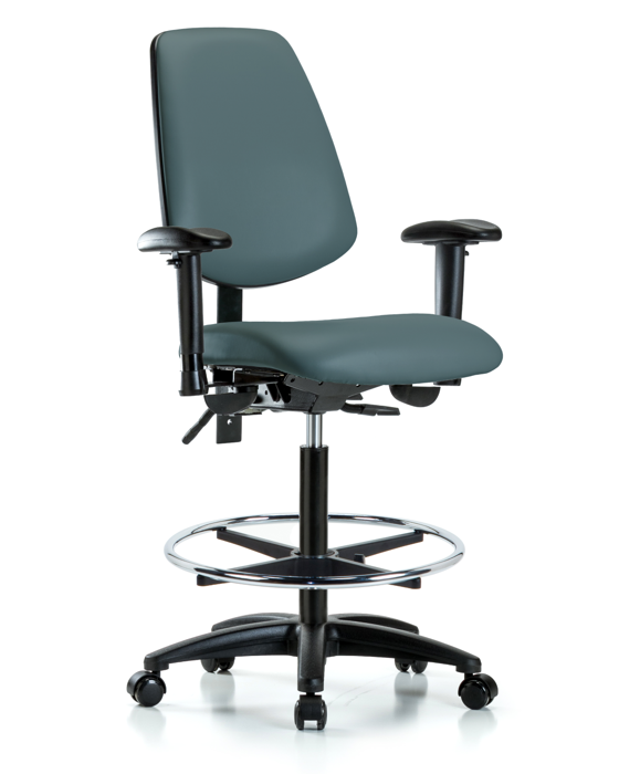Blue Ridge Ergonomics VHBCH-MB-RG-T1-A1-CF-RC-8546 Rutledge Vinyl Chair - High Bench Height with Medium Back, Seat Tilt, Adjustable Arms, Chrome Foot Ring, & Casters in Colonial Blue Trailblazer™ Vinyl