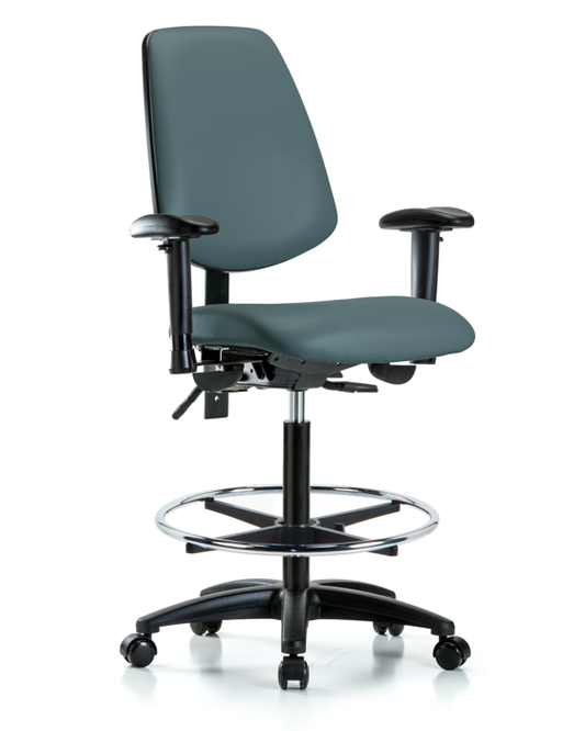 Blue Ridge Ergonomics VHBCH-MB-RG-T1-A1-CF-RC-8546 Rutledge Vinyl Chair - High Bench Height with Medium Back, Seat Tilt, Adjustable Arms, Chrome Foot Ring, & Casters in Colonial Blue Trailblazer™ Vinyl