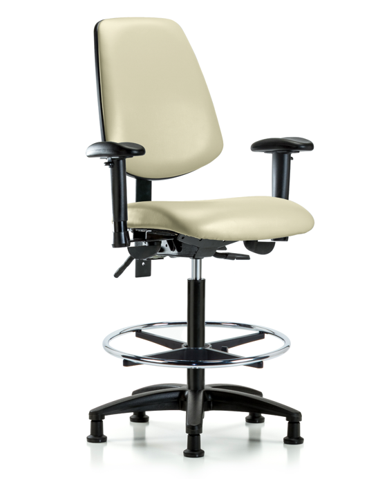 Blue Ridge Ergonomics VHBCH-MB-RG-T1-A1-CF-RG-8501 Rutledge Vinyl Chair - High Bench Height with Medium Back, Seat Tilt, Adjustable Arms, Chrome Foot Ring, & Stationary Glides in Adobe White Trailblazer™ Vinyl