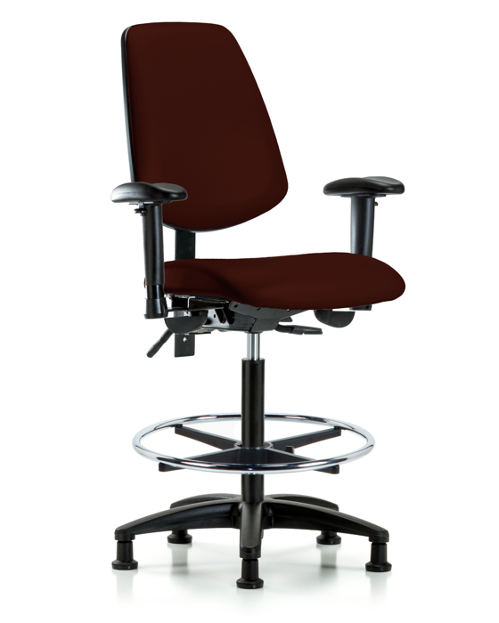 Blue Ridge Ergonomics VHBCH-MB-RG-T1-A1-CF-RG-8569 Rutledge Vinyl Chair - High Bench Height with Medium Back, Seat Tilt, Adjustable Arms, Chrome Foot Ring, & Stationary Glides in Burgundy Trailblazer™ Vinyl