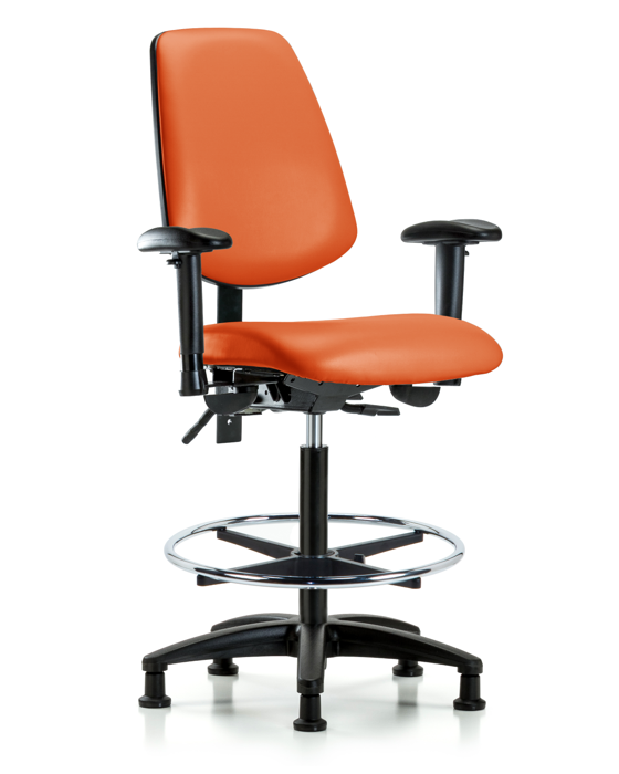 Blue Ridge Ergonomics VHBCH-MB-RG-T1-A1-CF-RG-8613 Rutledge Vinyl Chair - High Bench Height with Medium Back, Seat Tilt, Adjustable Arms, Chrome Foot Ring, & Stationary Glides in Orange Kist Trailblazer™ Vinyl