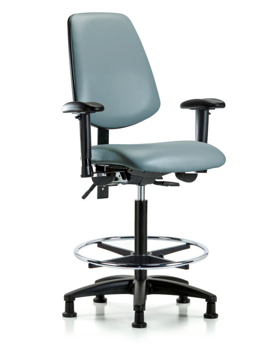 Blue Ridge Ergonomics VHBCH-MB-RG-T1-A1-CF-RG-8822 Rutledge Vinyl Chair - High Bench Height with Medium Back, Seat Tilt, Adjustable Arms, Chrome Foot Ring, & Stationary Glides in Storm Supernova™ Vinyl