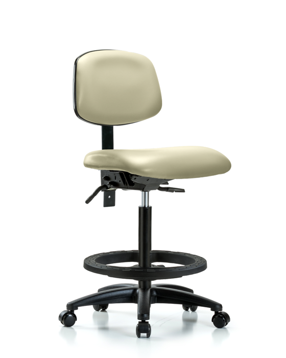 Blue Ridge Ergonomics VHBCH-RG-T0-A0-BF-RC-8501 Rutledge Vinyl Chair - High Bench Height with Black Foot Ring & Casters in Adobe White Trailblazer™ Vinyl