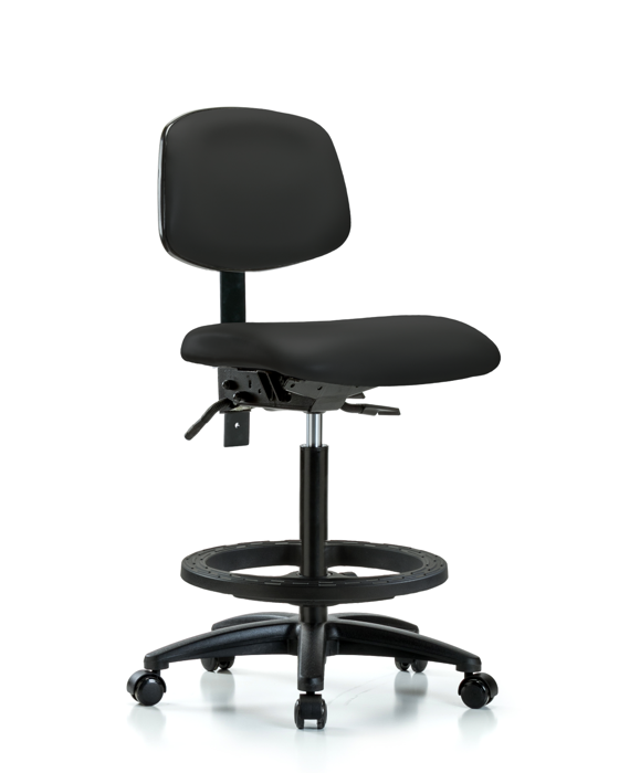 Blue Ridge Ergonomics VHBCH-RG-T0-A0-BF-RC-8540 Rutledge Vinyl Chair - High Bench Height with Black Foot Ring & Casters in Black Trailblazer™ Vinyl