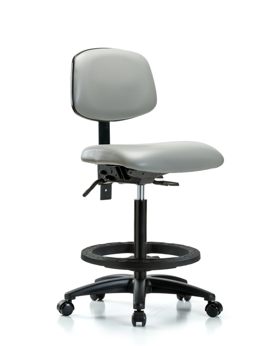 Blue Ridge Ergonomics VHBCH-RG-T0-A0-BF-RC-8567 Rutledge Vinyl Chair - High Bench Height with Black Foot Ring & Casters in Dove Trailblazer™ Vinyl