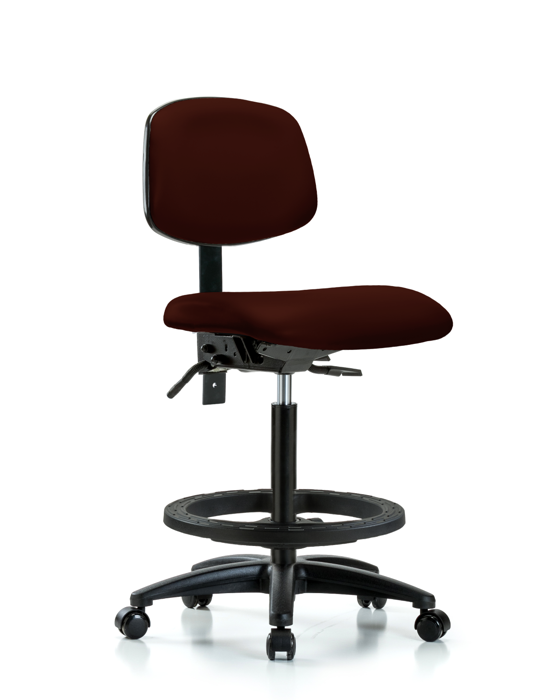 Blue Ridge Ergonomics VHBCH-RG-T0-A0-BF-RC-8569 Rutledge Vinyl Chair - High Bench Height with Black Foot Ring & Casters in Burgundy Trailblazer™ Vinyl