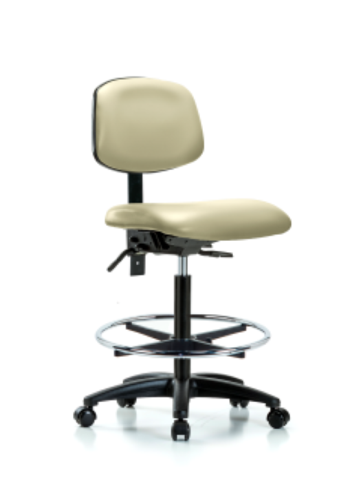 Blue Ridge Ergonomics VHBCH-RG-T0-A0-CF-RC-8501 Rutledge Vinyl Chair - High Bench Height with Chrome Foot Ring & Casters in Adobe White Trailblazer™ Vinyl