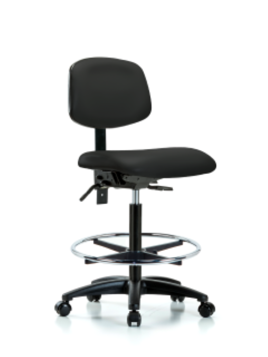 Blue Ridge Ergonomics VHBCH-RG-T0-A0-CF-RC-8540 Rutledge Vinyl Chair - High Bench Height with Chrome Foot Ring & Casters in Black Trailblazer™ Vinyl