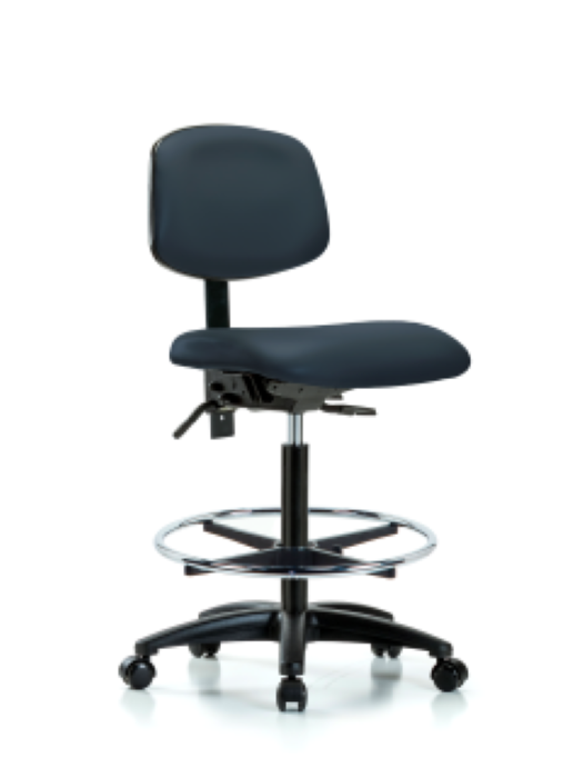 Blue Ridge Ergonomics VHBCH-RG-T0-A0-CF-RC-8582 Rutledge Vinyl Chair - High Bench Height with Chrome Foot Ring & Casters in Imperial Blue Trailblazer™ Vinyl