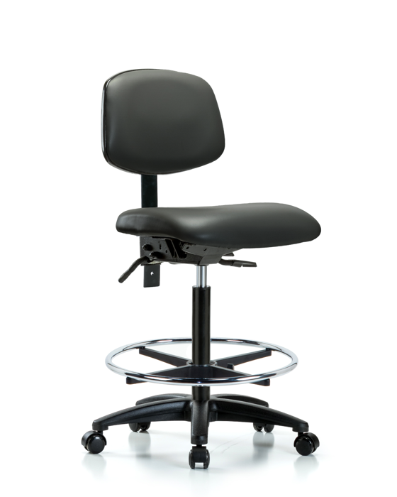 Blue Ridge Ergonomics VHBCH-RG-T0-A0-CF-RC-8823 Rutledge Vinyl Chair - High Bench Height with Chrome Foot Ring & Casters in Carbon Supernova™ Vinyl
