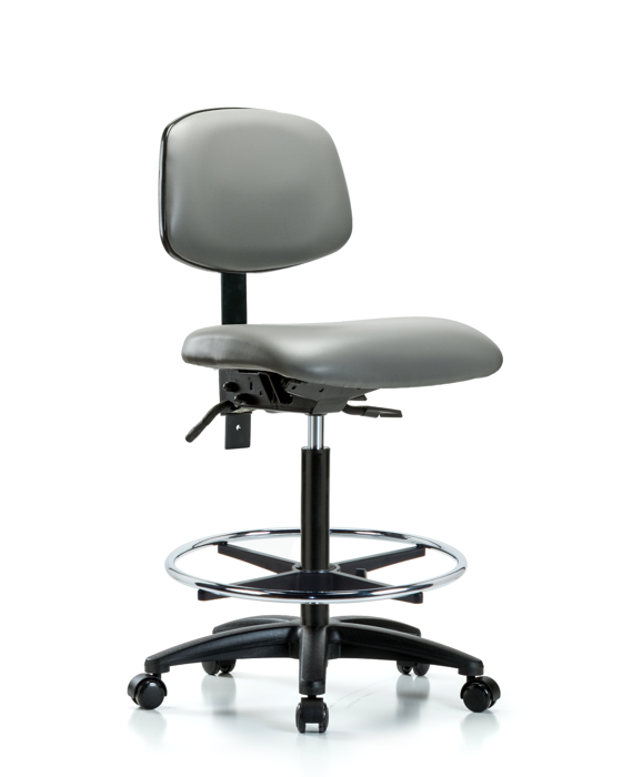 Blue Ridge Ergonomics VHBCH-RG-T0-A0-CF-RC-8840 Rutledge Vinyl Chair - High Bench Height with Chrome Foot Ring & Casters in Sterling Supernova™ Vinyl