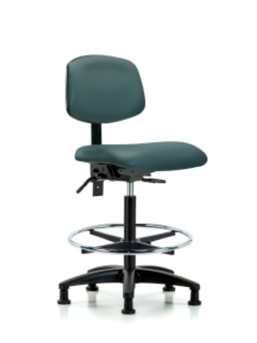 Blue Ridge Ergonomics VHBCH-RG-T0-A0-CF-RG-8546 Rutledge Vinyl Chair - High Bench Height with Chrome Foot Ring & Stationary Glides in Colonial Blue Trailblazer™ Vinyl