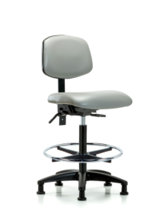 Blue Ridge Ergonomics VHBCH-RG-T0-A0-CF-RG-8567 Rutledge Vinyl Chair - High Bench Height with Chrome Foot Ring & Stationary Glides in Dove Trailblazer™ Vinyl